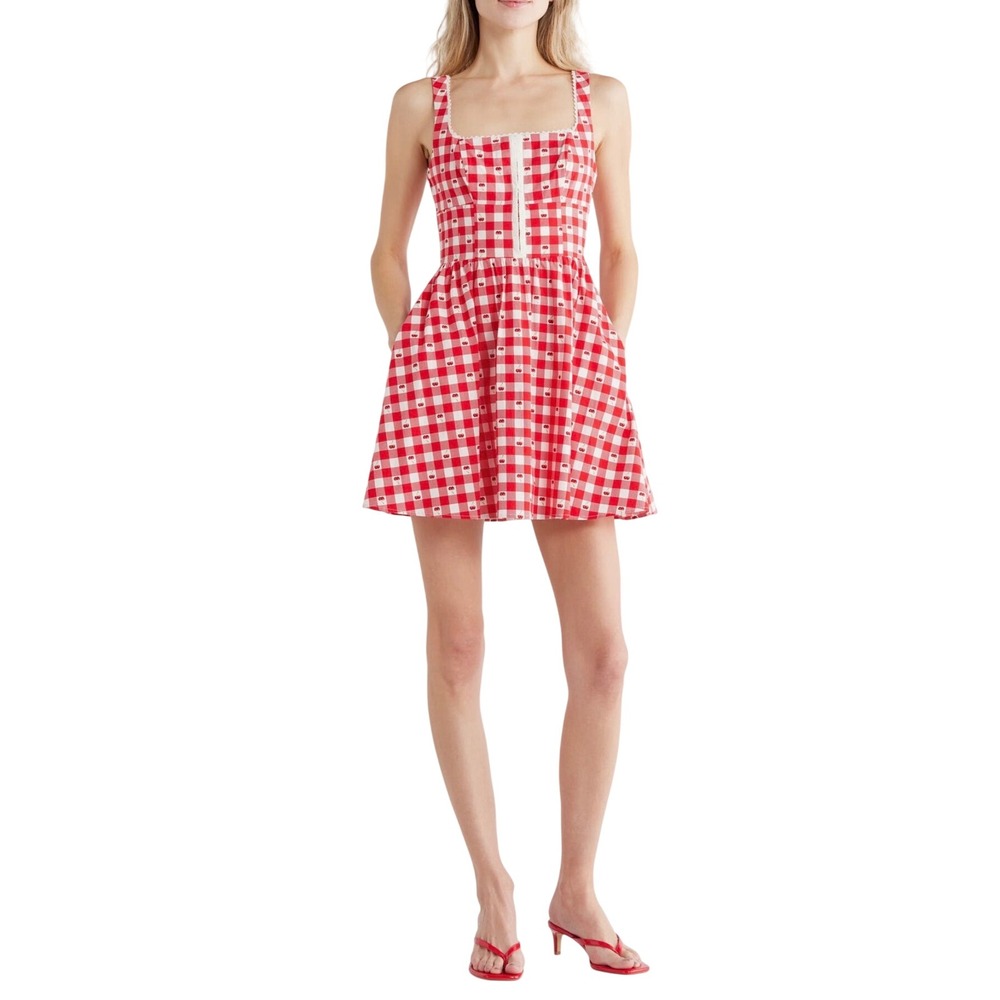 Avec Les Filles Red Gingham Cherry Embroidered Mini Dress Size 12 NWT